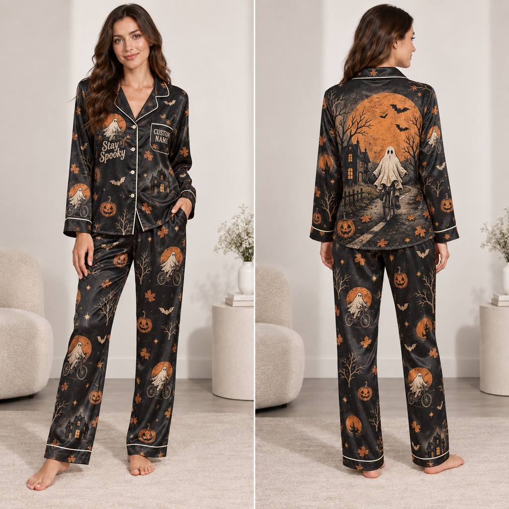 model wearing stay spooky halloween satin pajamas set front view