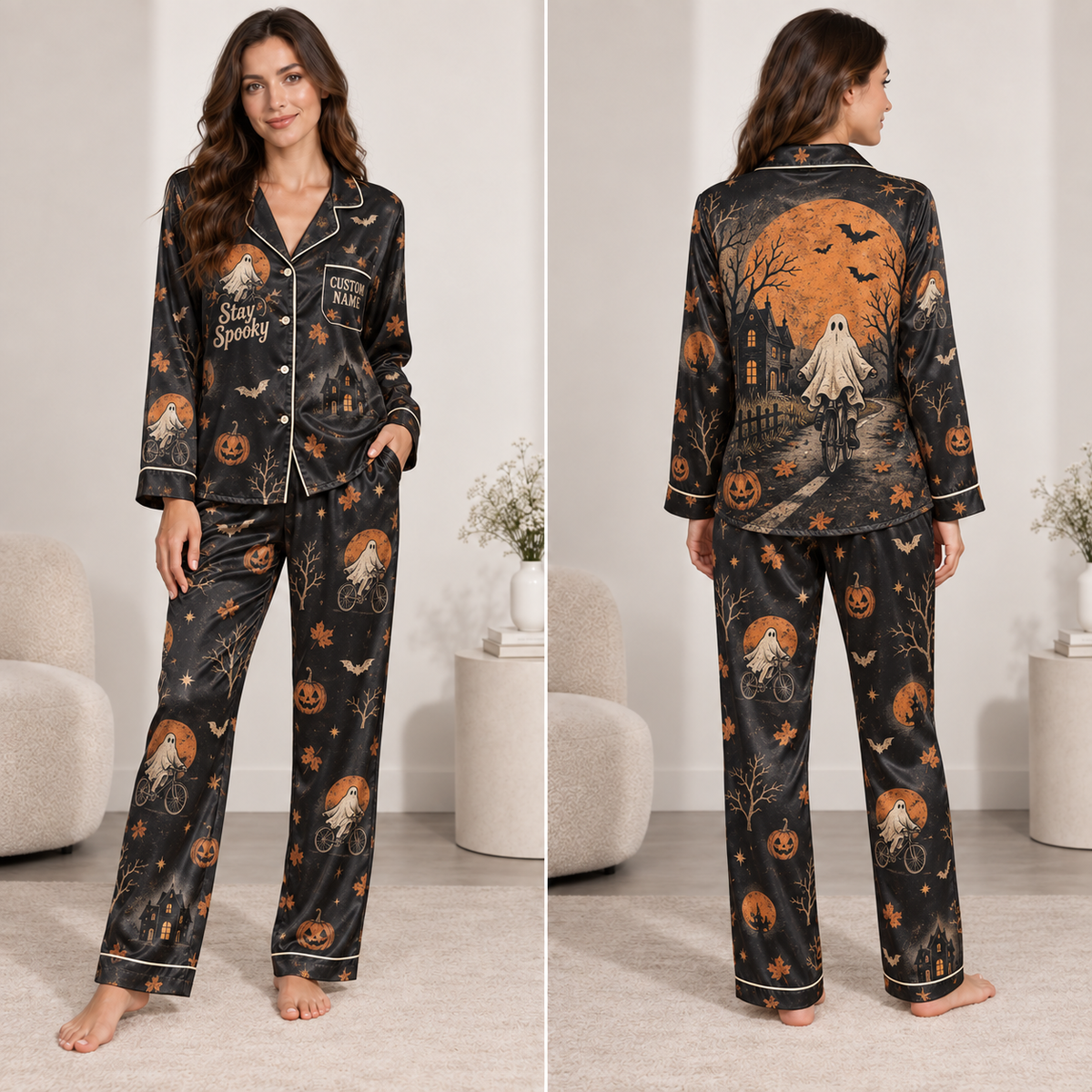 model wearing stay spooky halloween satin pajamas set front view