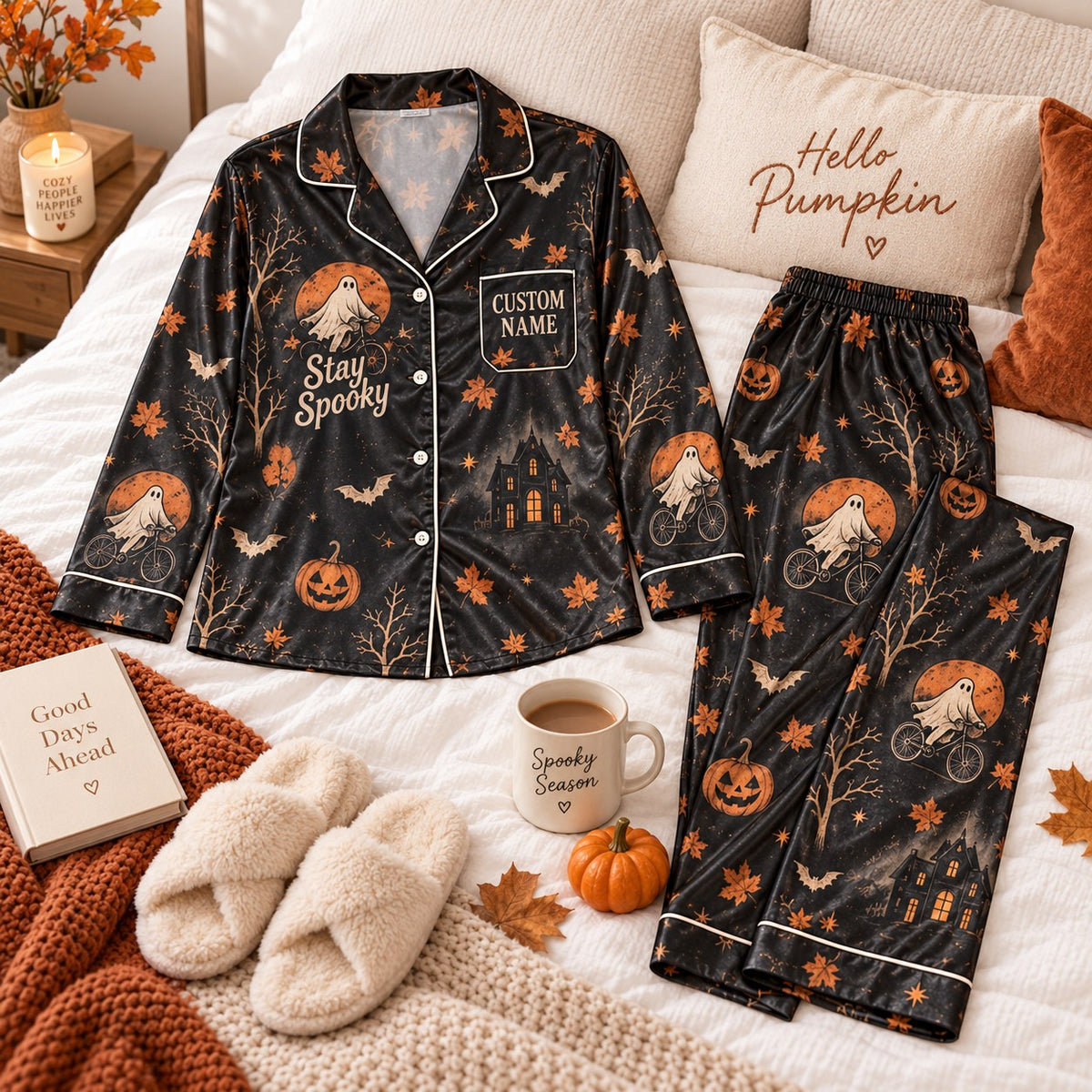 flat lay black ghost bicycle satin pajamas with a custom name on the chest