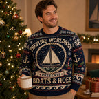 navy ugly christmas sweater with prestige worldwide boats and hoes sailboat design
