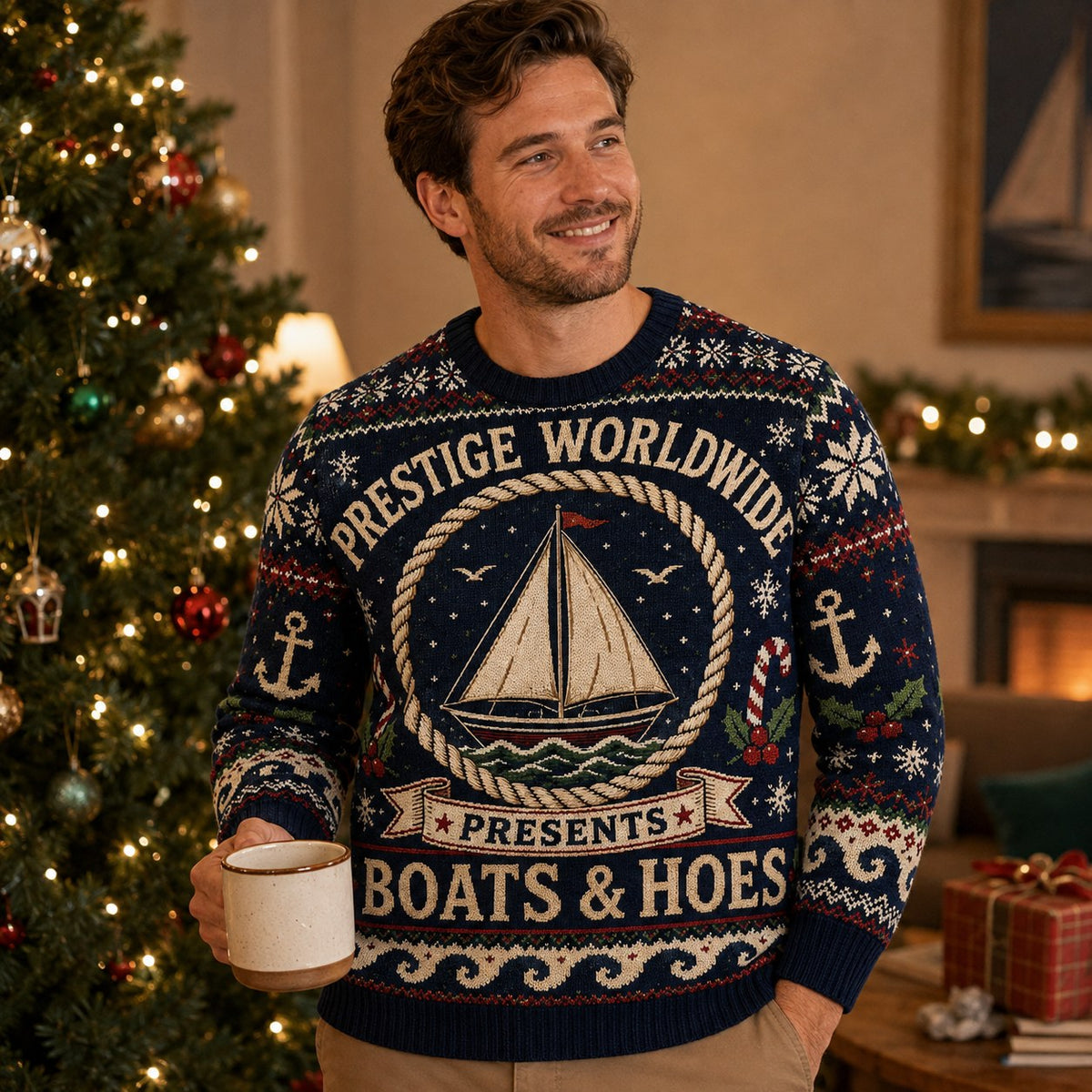 navy ugly christmas sweater with prestige worldwide boats and hoes sailboat design