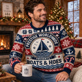 man wearing a step brothers boats and hoes ugly christmas sweater holding