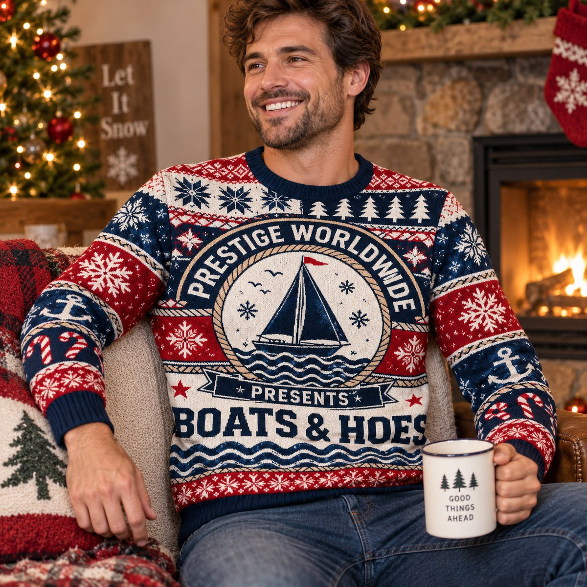 close up of a prestige worldwide holiday sweater with nautical sailboat badge