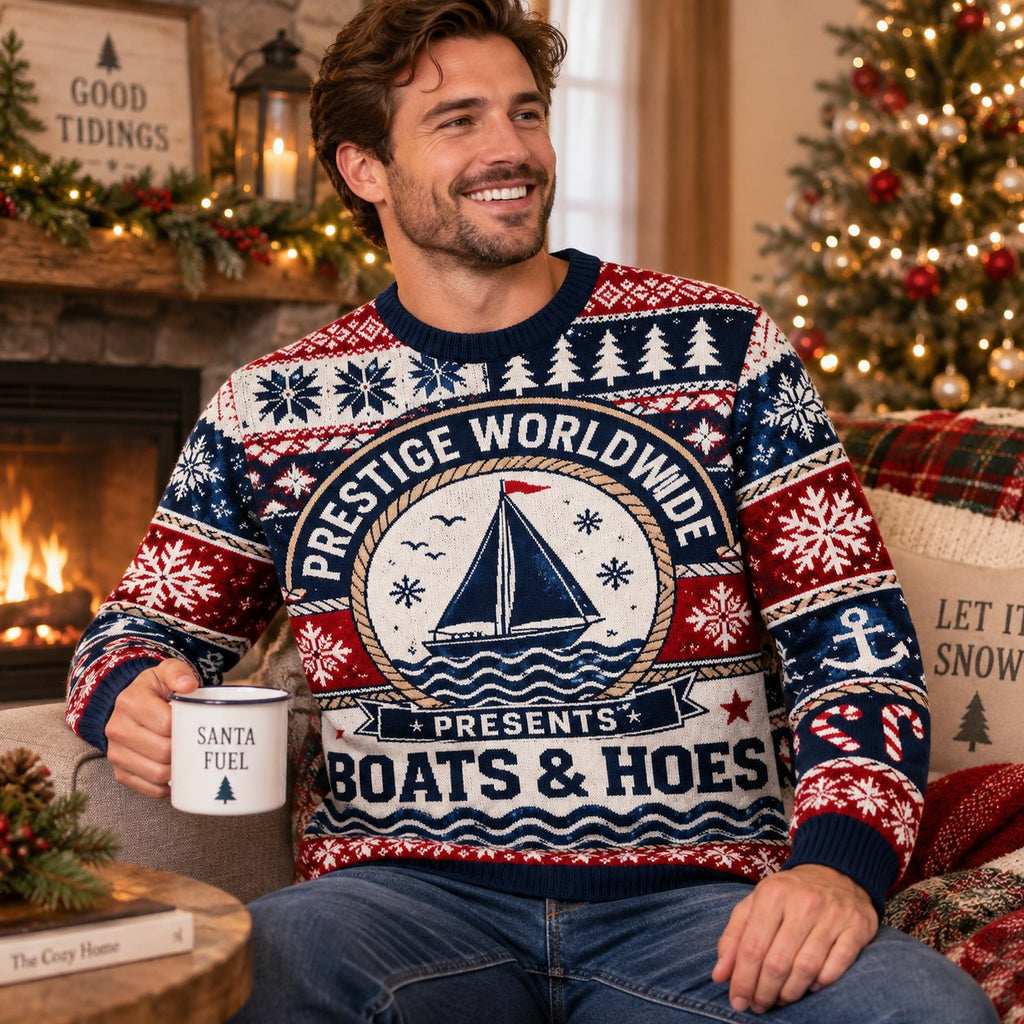 seated man in a step brothers boats and hoes christmas pullover smiling