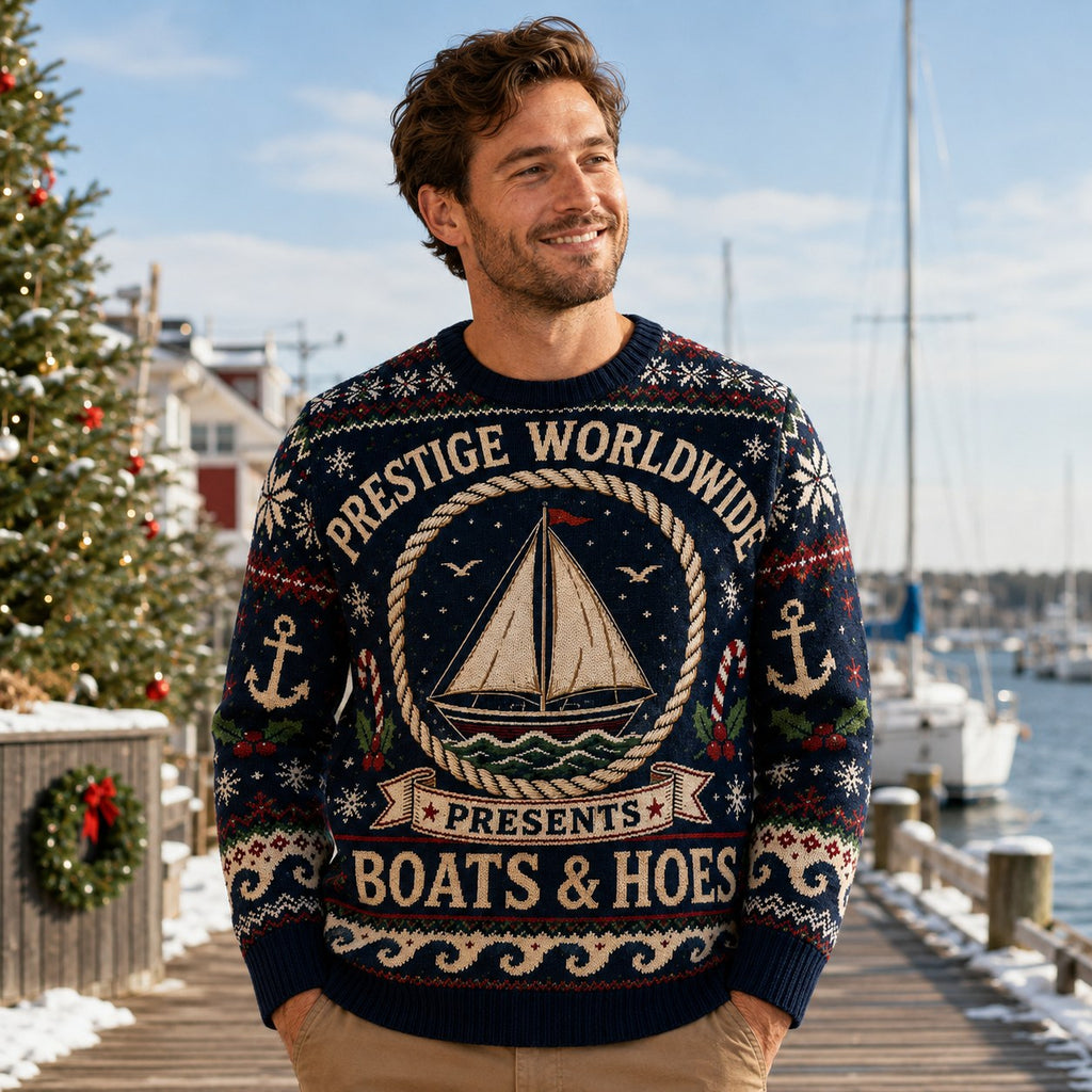 snowy marina dock with a man wearing the prestige worldwide boats and