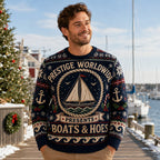 snowy marina dock with a man wearing the prestige worldwide boats and