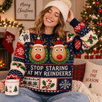 close up of the all over print reindeer ugly christmas sweater with
