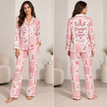 woman modeling a pink breast cancer awareness satin pajama set with front