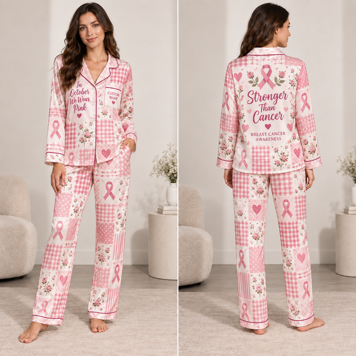 woman modeling a pink breast cancer awareness satin pajama set with front