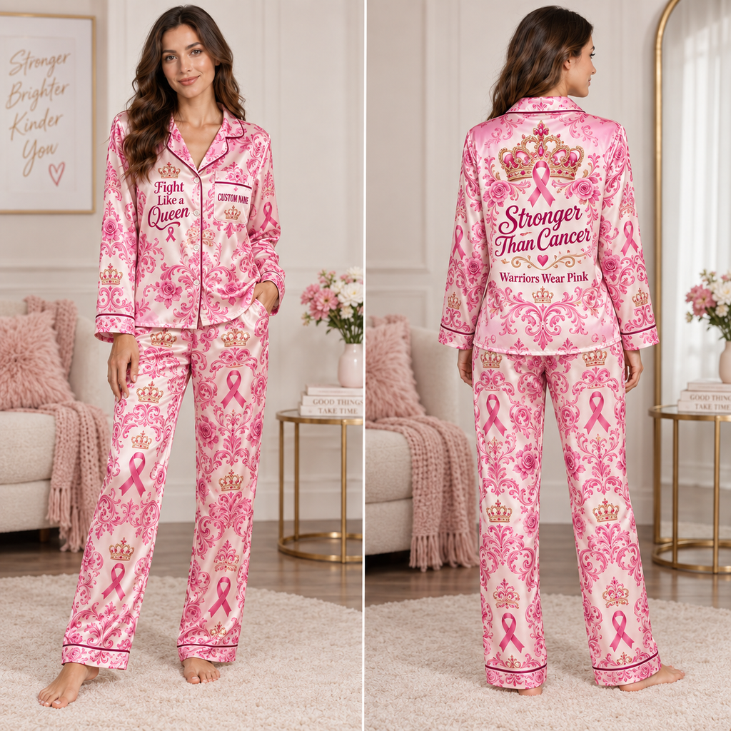 model wearing pink breast cancer awareness satin pajama set