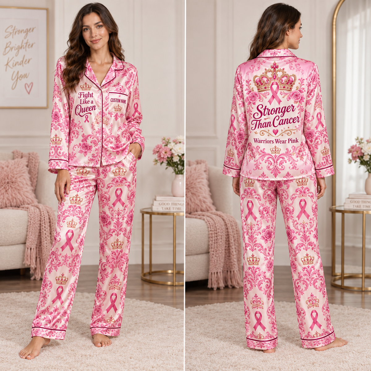 model wearing pink breast cancer awareness satin pajama set