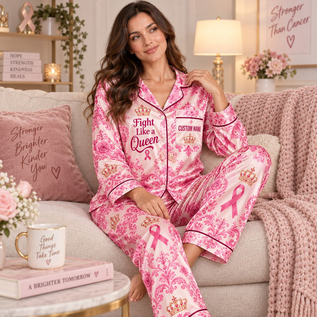 model holding mug in matching pink ribbon satin pajama set in bedroom