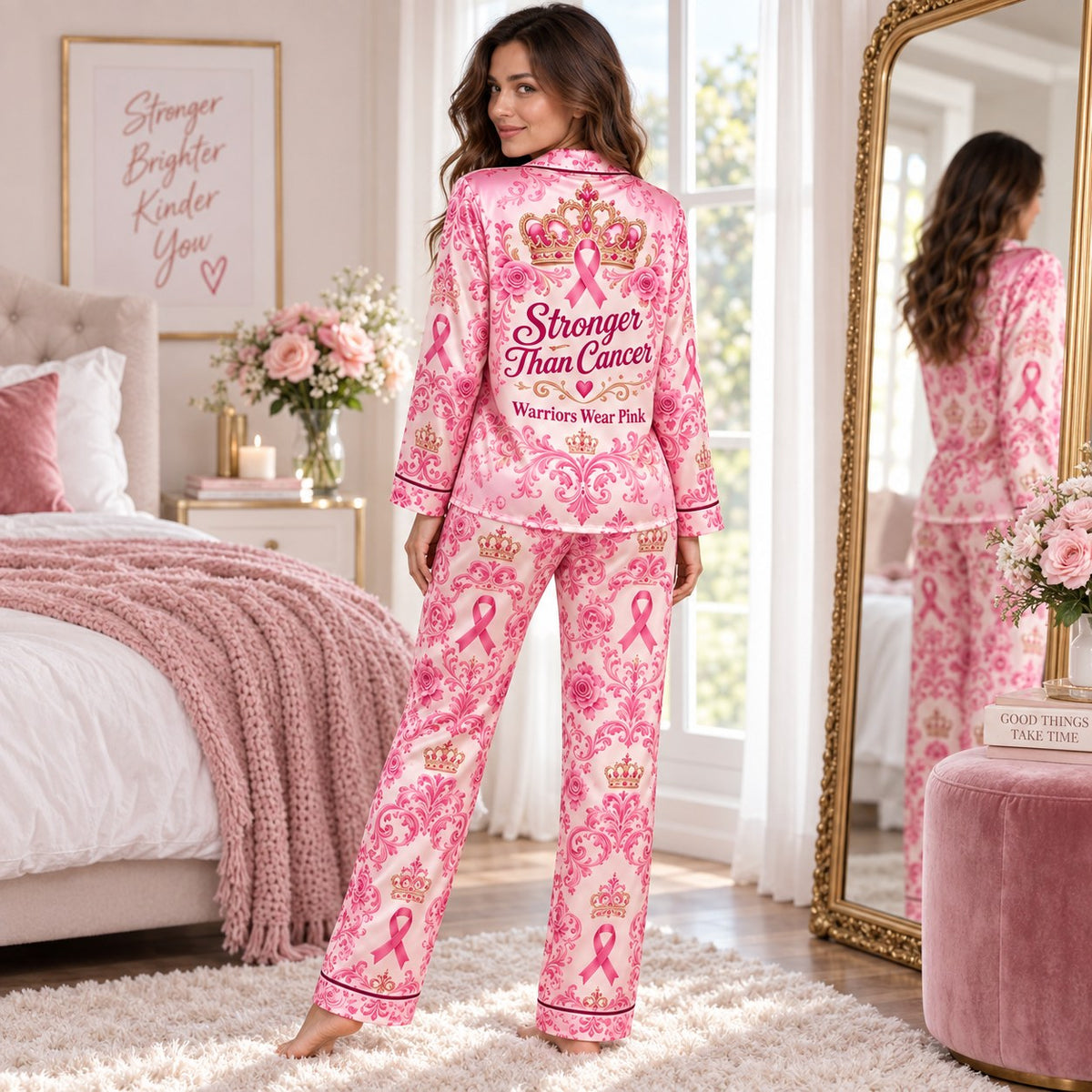 side view of custom name pink satin pajama set with breast cancer