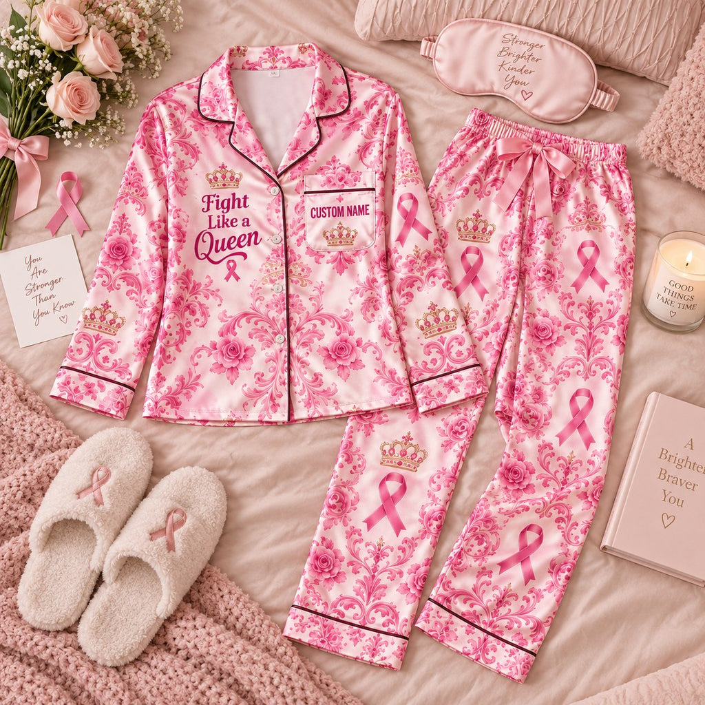 flat lay pink damask crown satin pajamas with a custom name on the chest