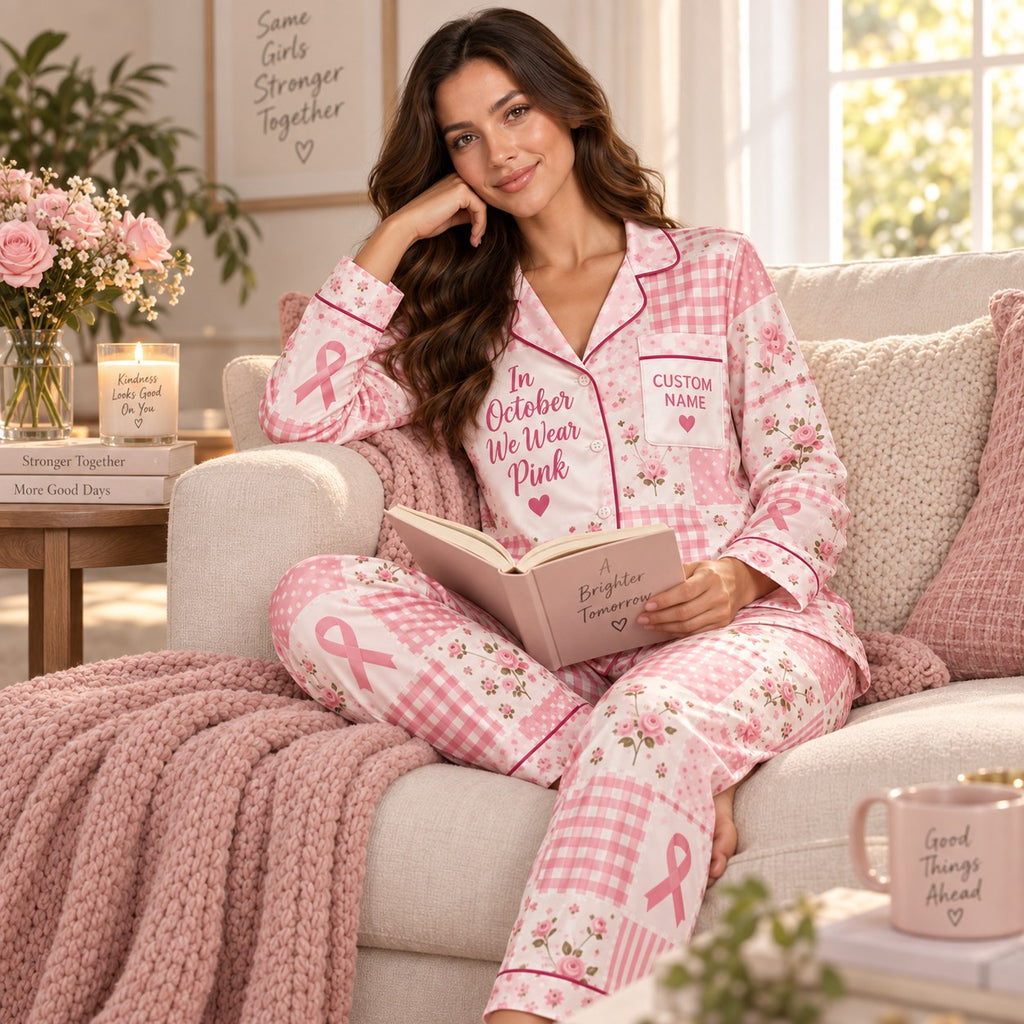 woman in pink breast cancer awareness pajamas reading on a cream sofa