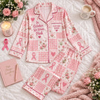 flat lay pink patchwork rose satin pajamas with a custom name on the chest