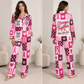 satin pajamas with pink ribbon breast cancer awareness print front view