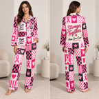 satin pajamas with pink ribbon breast cancer awareness print front view