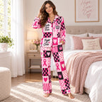 stronger together satin pajama set back view in bedroom