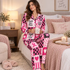 satin pajama set modeled in pink breast cancer awareness print