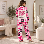 Custom name satin pajamas back view on model in bedroom
