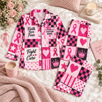flat lay pink ribbon patchwork satin pajamas with a custom name on the chest