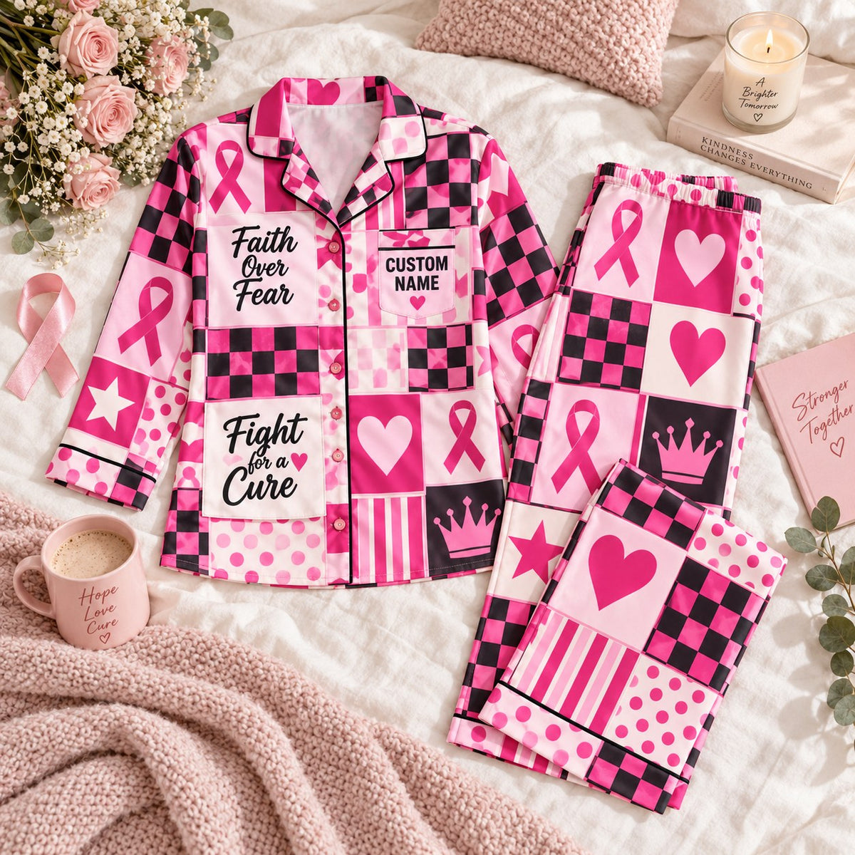 flat lay pink ribbon patchwork satin pajamas with a custom name on the chest