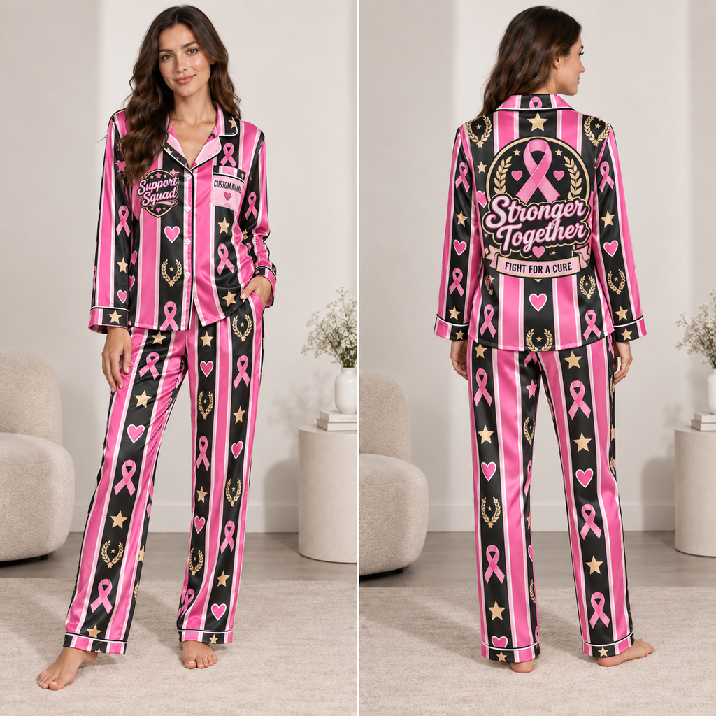 woman modeling personalized breast cancer awareness pink ribbon satin pajama set front