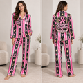 woman modeling personalized breast cancer awareness pink ribbon satin pajama set front