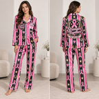 woman modeling personalized breast cancer awareness pink ribbon satin pajama set front