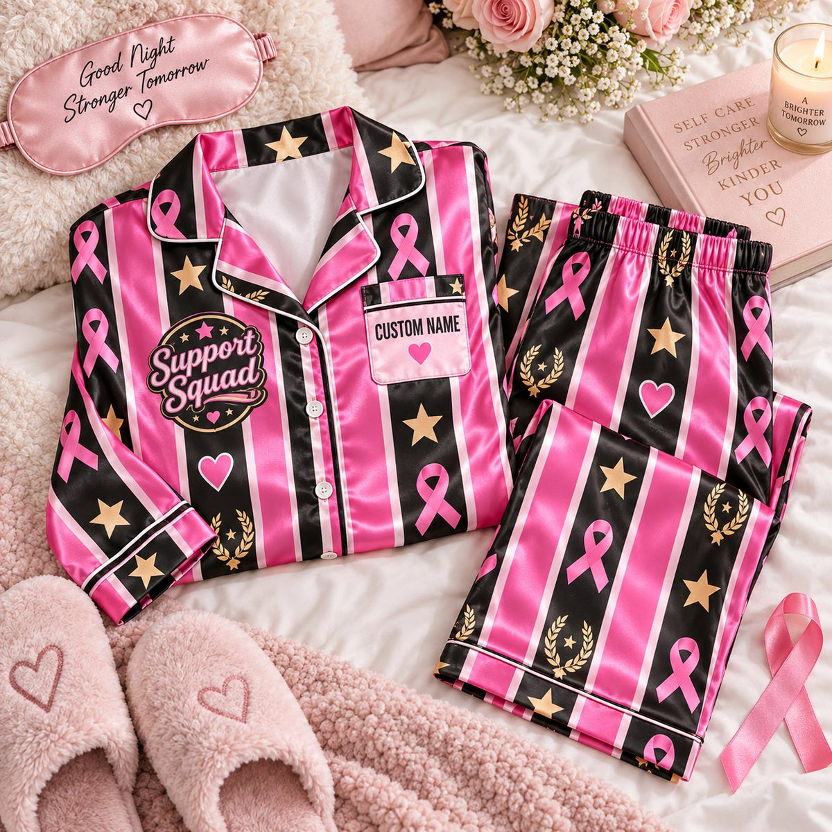 pink striped ribbon satin pajamas flat lay with a custom name on the chest