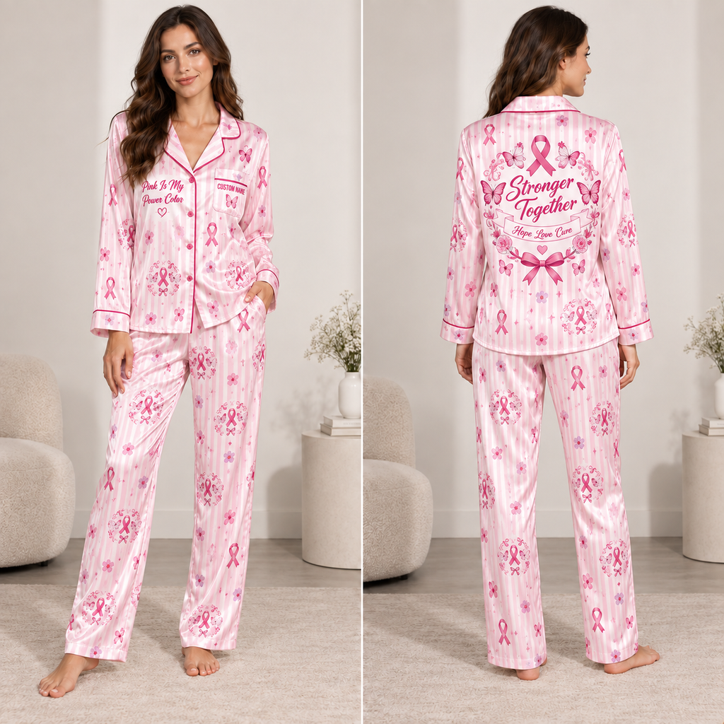 satin pajama set with pink ribbon butterfly print and custom name