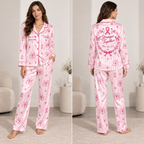 satin pajama set with pink ribbon butterfly print and custom name