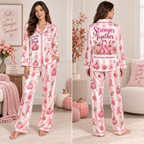 satin pajama set with pink ribbon breast cancer awareness design worn