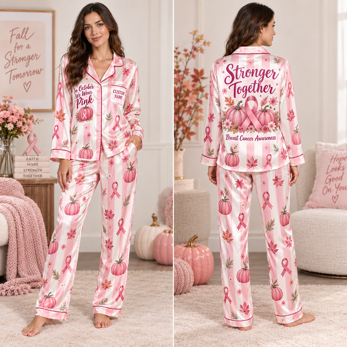 satin pajama set with pink ribbon breast cancer awareness design worn