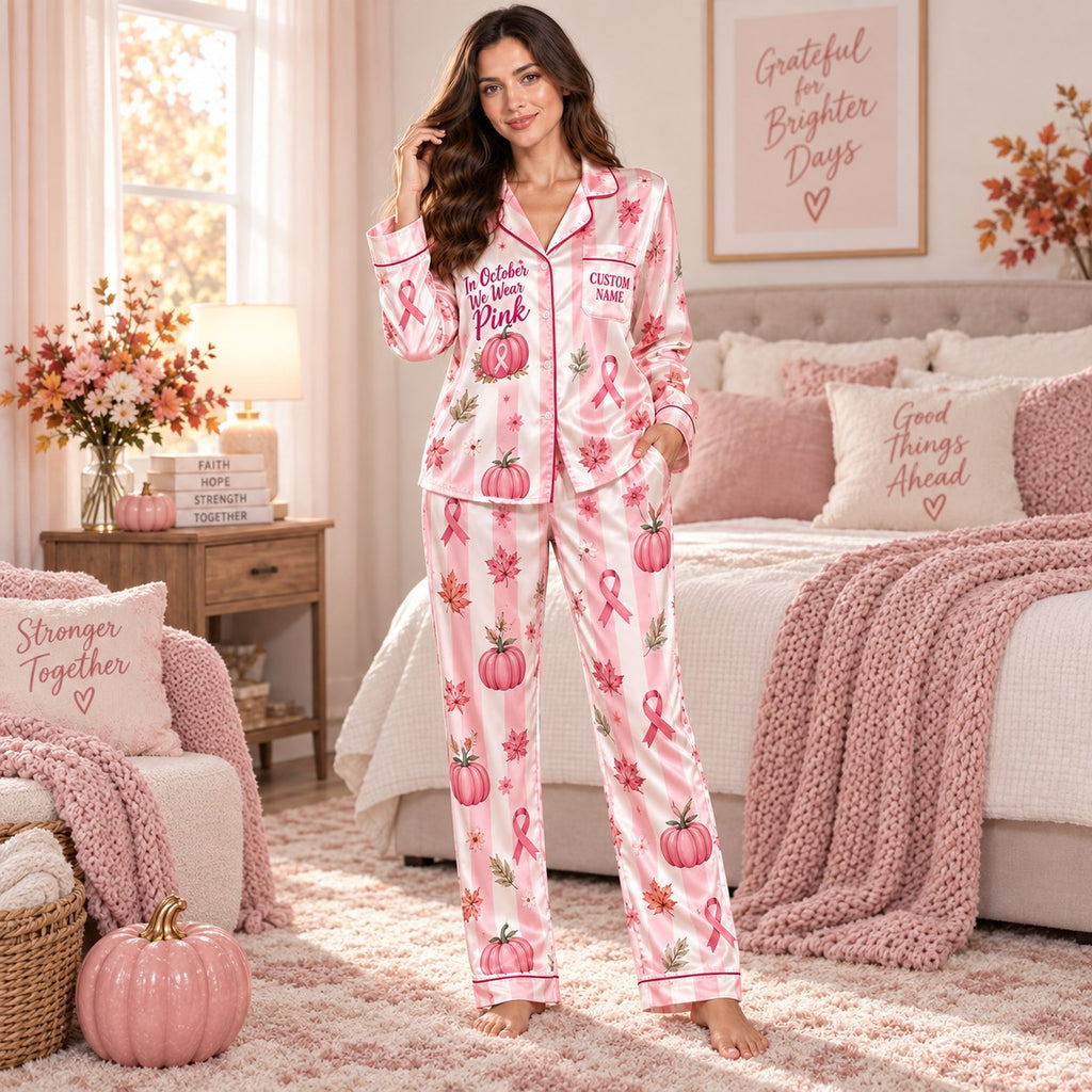 back view of satin pajama set showing stronger together breast cancer awareness