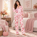 back view of satin pajama set showing stronger together breast cancer awareness