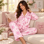 model sitting on sofa reading a book while wearing pink ribbon breast