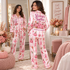 satin pajama set back view highlighting stronger together breast cancer awareness print
