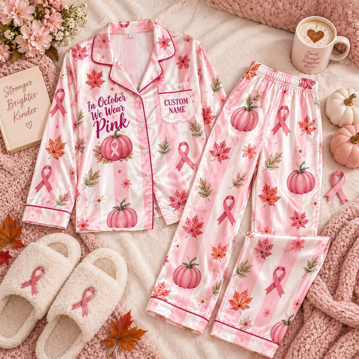 pink striped ribbon satin pajamas flat lay with a custom name on the chest