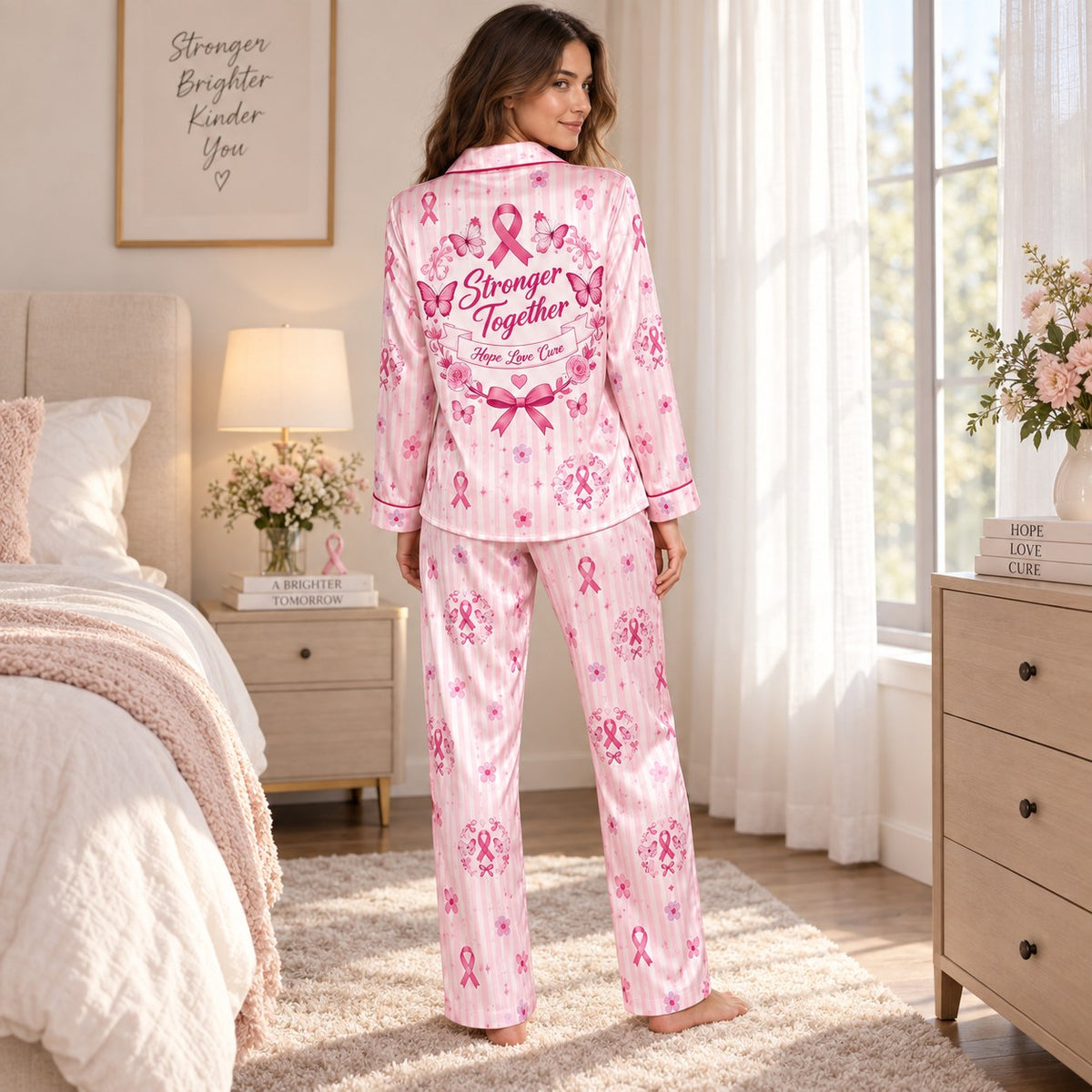 woman reading a book in personalized pink ribbon satin pajama set