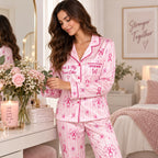 woman in pink striped ribbon satin pajamas with a custom name on the chest