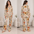 woman modelling sunflower pumpkin autumn botanical satin pyjamas with give thanks and