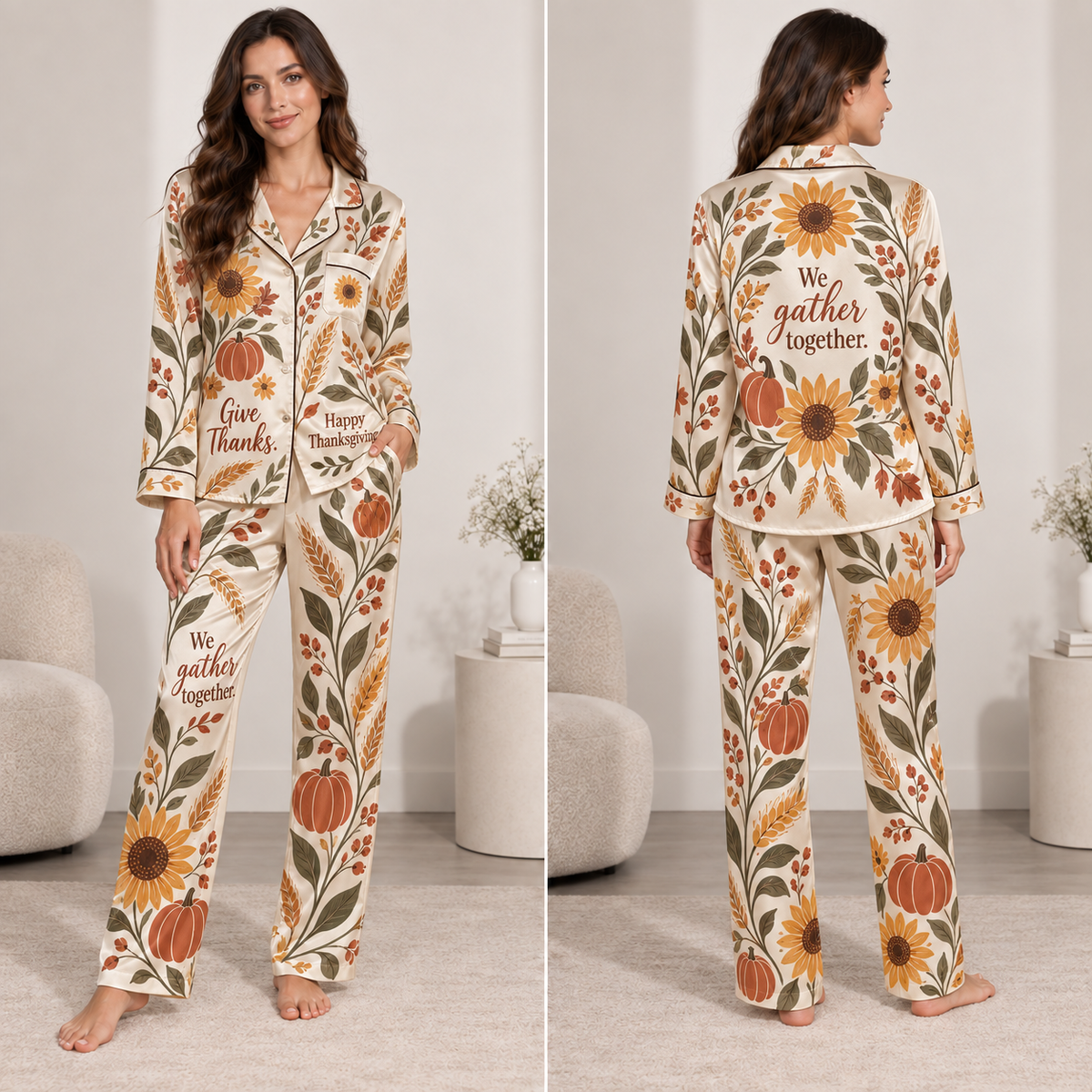 woman modelling sunflower pumpkin autumn botanical satin pyjamas with give thanks and