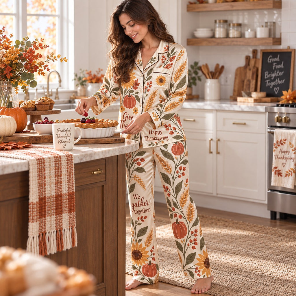 woman baking pie in kitchen wearing sunflower pumpkin harvest themed satin pyjamas