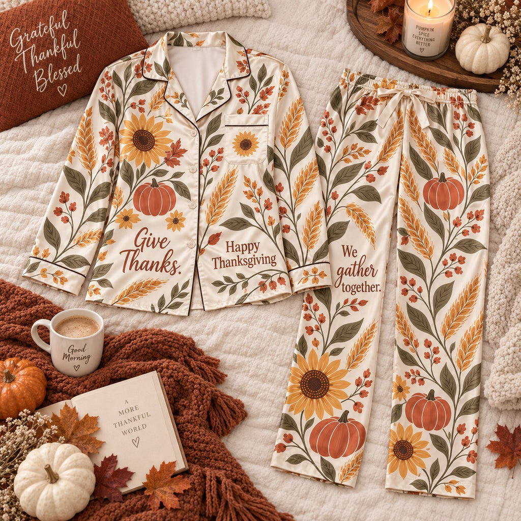 Sunflower Pumpkin Autumn Botanical Satin Pyjamas, Thanksgiving Harvest Lounge Pyjamas, Button Up Sleepwear