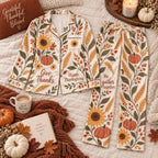 Sunflower Pumpkin Autumn Botanical Satin Pyjamas, Thanksgiving Harvest Lounge Pyjamas, Button Up Sleepwear