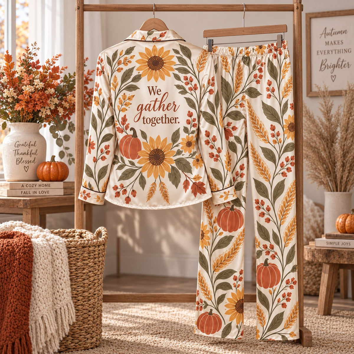 Sunflower Pumpkin Autumn Botanical Satin Pyjamas, Thanksgiving Harvest Lounge Pyjamas, Button Up Sleepwear