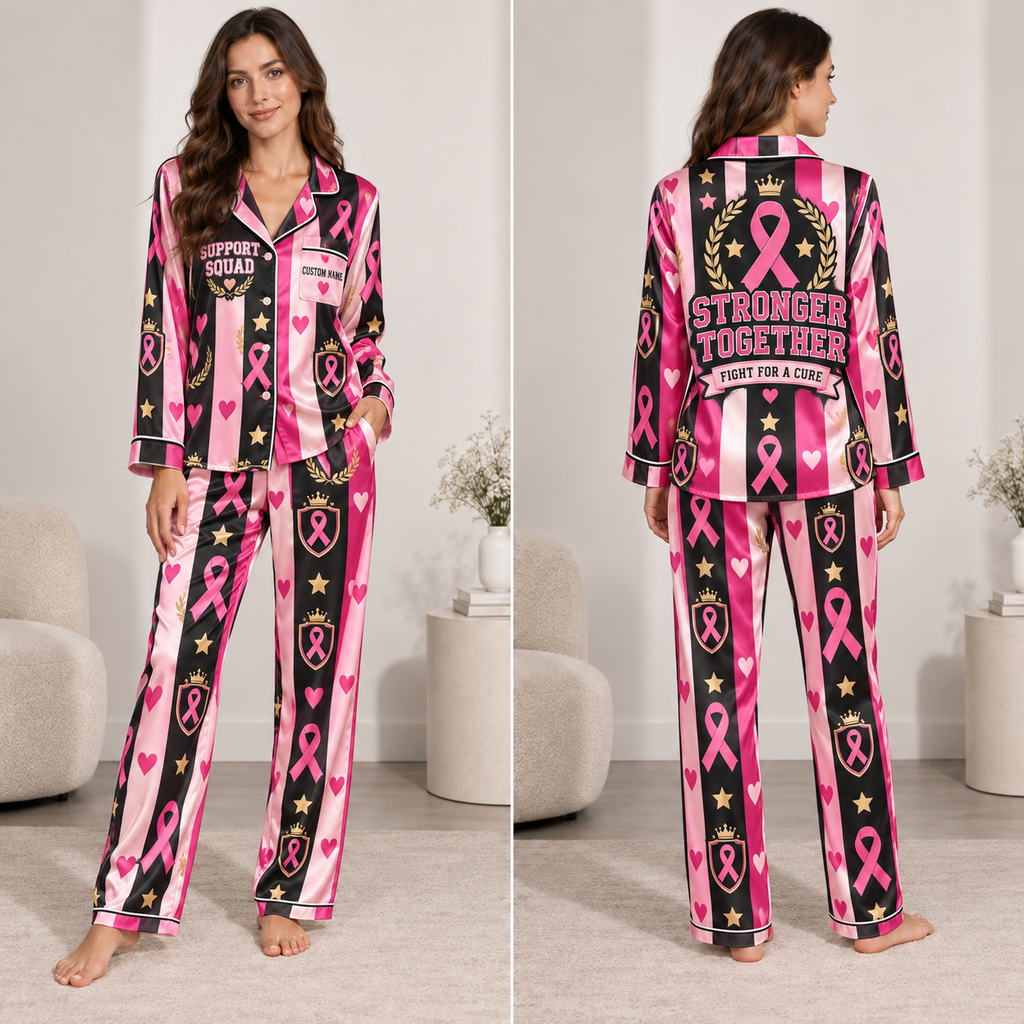 satin pajama set with pink ribbon breast cancer support squad design