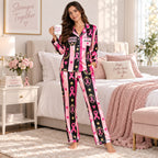 back view of breast cancer awareness satin pajama set with stronger together